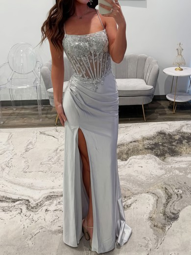 Sheath/Column Scoop Neck Satin Corset Prom Dresses With Appliques #UKM020127155