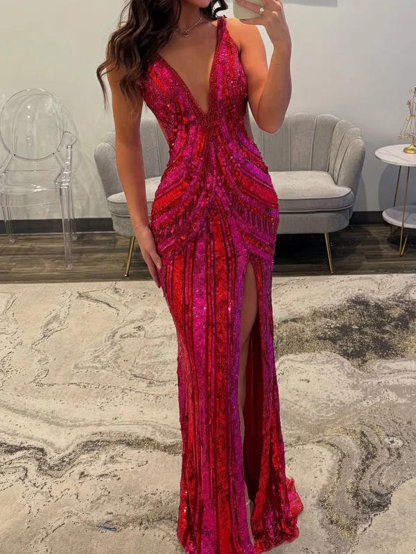 Sheath/Column V-neck Sparkly Sequin Backless Prom Dresses #UKM020127158