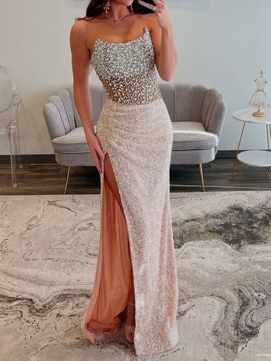 Sheath/Column Strapless Sparkly Sequin Prom Dresses With Beading #UKM020127162