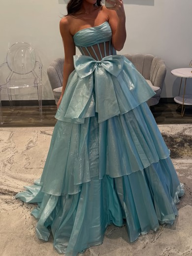 Ball Gown Strapless Tulle Tiered Prom Dresses With Bow #UKM020127164