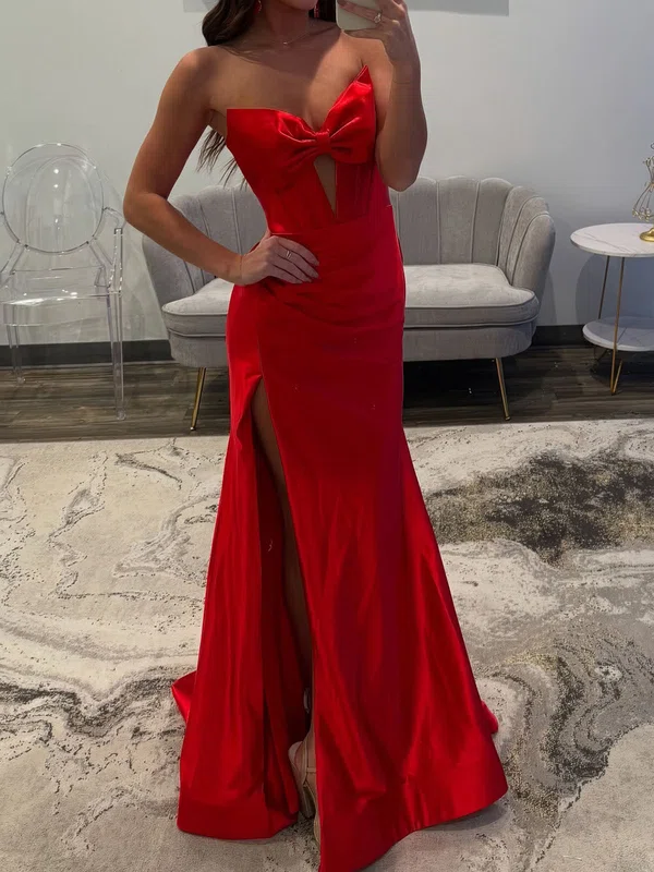Mermaid Strapless Satin Cut Out Prom Dresses With Ruched #UKM020127166