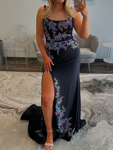 Sheath/Column Square Neck Satin Beaded Prom Dresses #UKM020127167