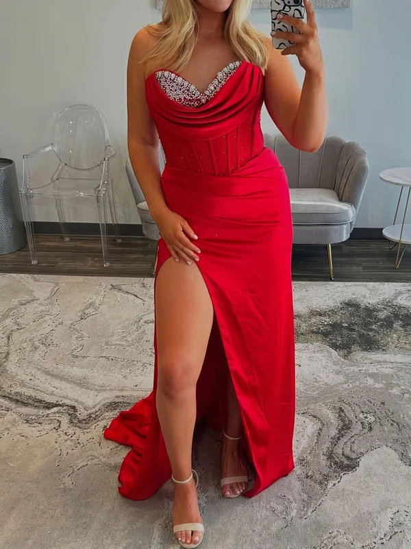 Sheath/Column Strapless Satin Corset Prom Dresses With Beading #UKM020127168