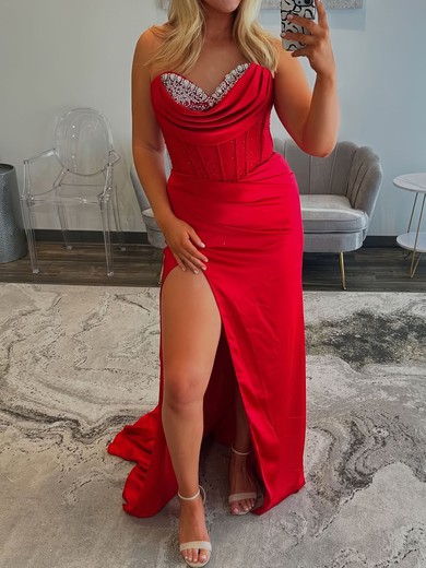 Sheath/Column Strapless Satin Corset Prom Dresses With Beading #UKM020127168