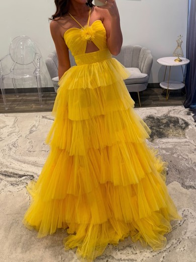 Ball Gown Halter Tulle Ruffle Tiered Prom Dresses #UKM020127170