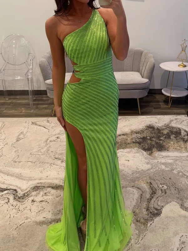 Sheath/Column One Shoulder Tulle Cut Out Beaded Prom Dresses #UKM020127171