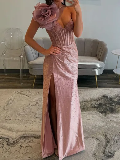Sheath/Column One Shoulder Satin Beaded Prom Dresses With Ruched #UKM020127175