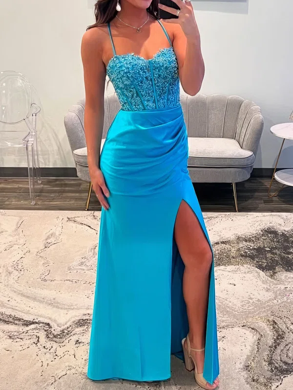 Sheath/Column Sweetheart Satin Corset Prom Dresses With Appliques #UKM020127176