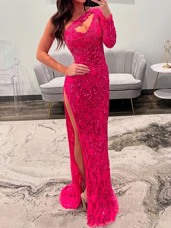 Sheath/Column One Shoulder Sparkly Sequin Prom Dresses With Long Sleeves #UKM020127180