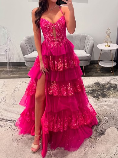 Ball Gown V-neck Tulle Tiered Prom Dresses With Appliques #UKM020127190