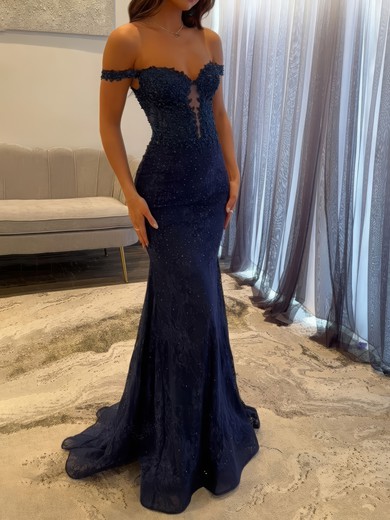 Mermaid Off-the-shoulder Lace Beaded Prom Dresses With Appliques #UKM020127192