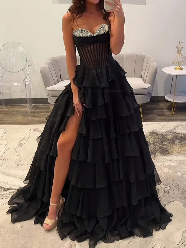 Ball Gown Strapless Chiffon Tiered Prom Dresses With Beading #UKM020127193