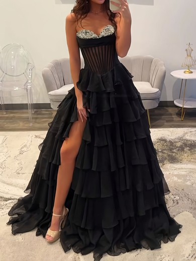 Ball Gown Strapless Chiffon Tiered Prom Dresses With Beading #UKM020127193