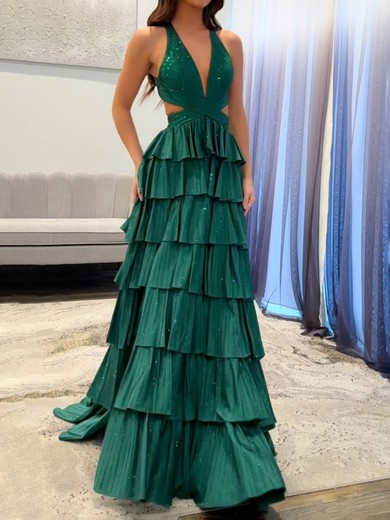 Ball Gown V-neck Satin Tiered Prom Dresses With Beading #UKM020127197