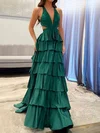 Ball Gown V-neck Satin Tiered Prom Dresses With Beading #UKM020127197