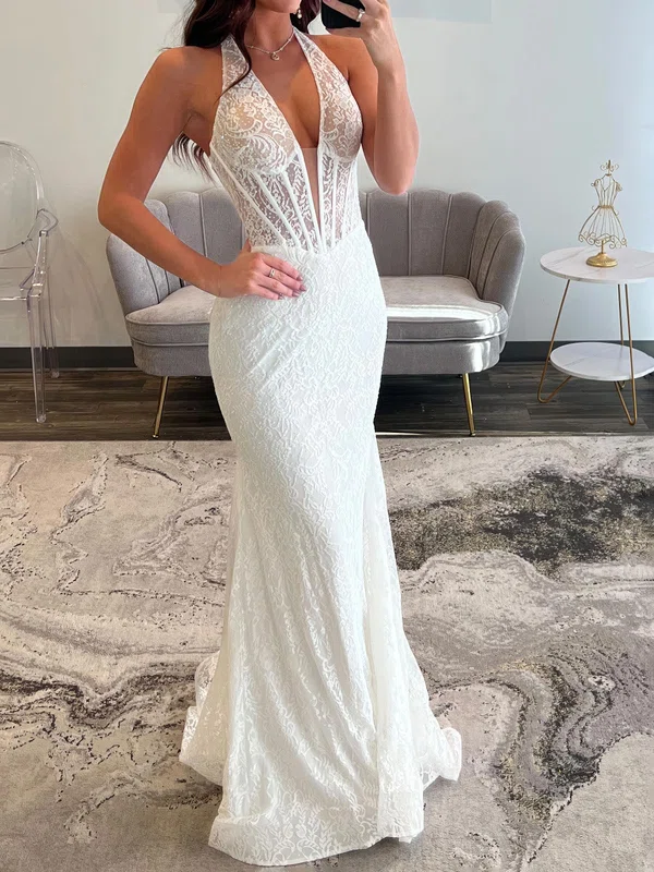 White Mermaid Halter Lace Corset Prom Dresses #UKM020127200