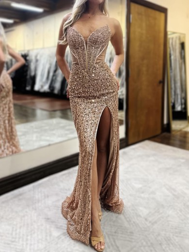 Sparkly V-neck Corset Sequin Prom Dresses with Slit #UKM020127212