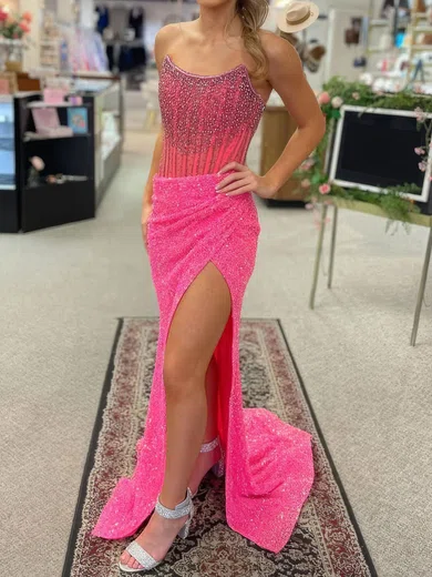 Sheath/Column Strapless Sparkly Sequin Prom Dresses With Beading #UKM020127216