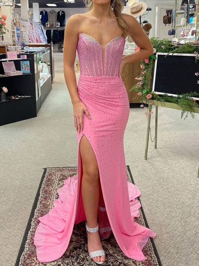 Sheath/Column V-neck Chiffon Beaded Prom Dresses With Ruched #UKM020127217