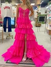 Ball Gown V-neck Tulle Tiered Prom Dresses With Appliques #UKM020127220