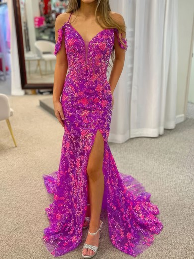 Mermaid V-neck Sparkly Sequin Prom Dresses With Appliques #UKM020127221