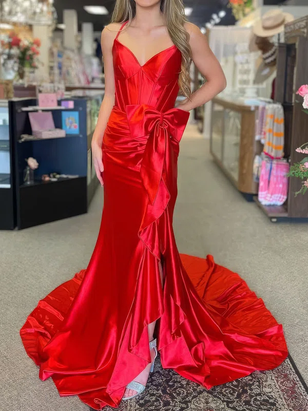 Mermaid V-neck Satin Corset Prom Dresses With Bow #UKM020127228