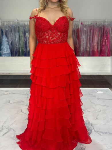 Ball Gown V-neck Chiffon Tiered Prom Dresses With Appliques #UKM020127232