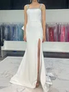 White Mermaid Square Neck Satin Prom Dresses With Beading #UKM020127235