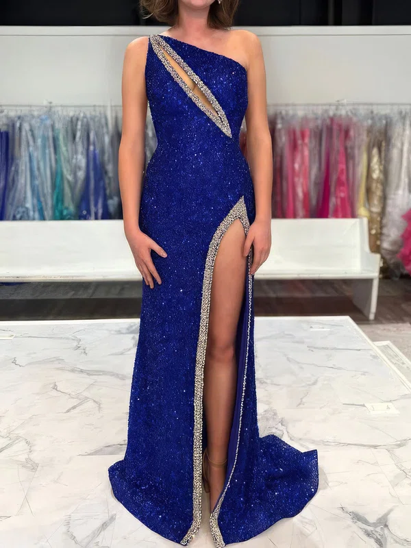 Sheath/Column One Shoulder Sparkly Velvet Sequin Prom Dresses #UKM020127236
