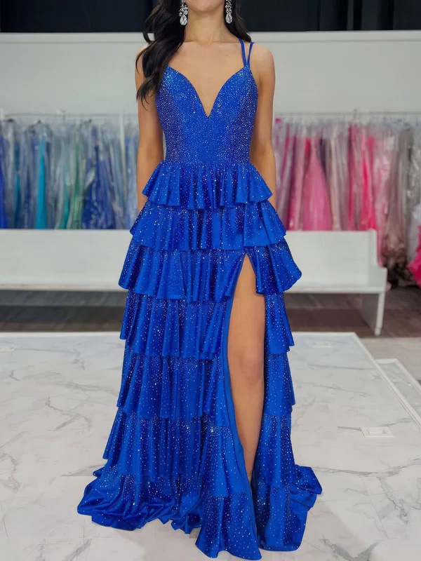 Ball Gown V-neck Satin Tiered Prom Dresses With Beading #UKM020127238