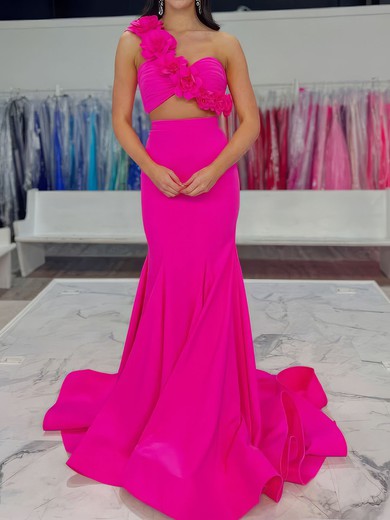 Mermaid One Shoulder Stretch Crepe Two Piece Prom Dresses With 3D Floral #UKM020127240