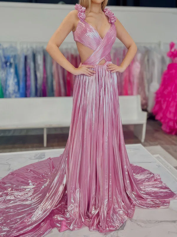 Sparkly A-line V-neck Metallic Prom Dresses With Ruched #UKM020127245