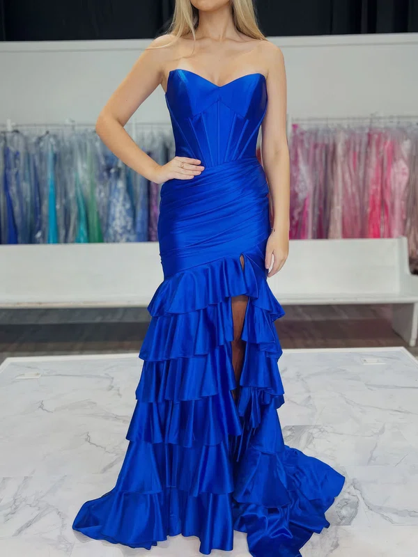 Mermaid Strapless Satin Tiered Prom Dresses With Ruched #UKM020127246