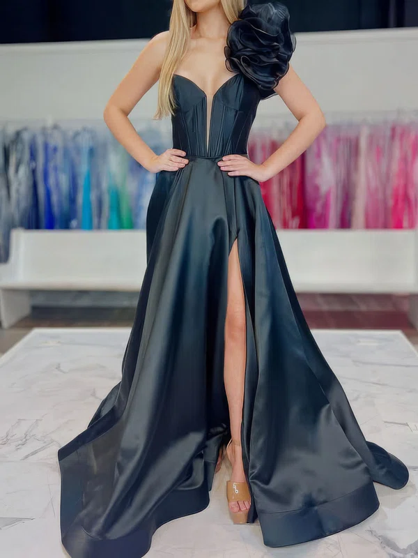A-line One Shoulder Satin Corset Prom Dresses With Ruched #UKM020127247