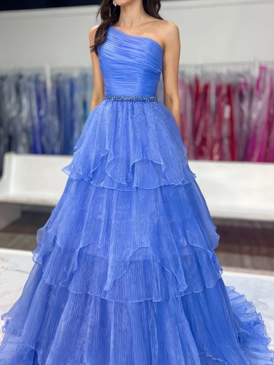 Ball Gown One Shoulder Tulle Tiered Prom Dresses With Beading #UKM020127250