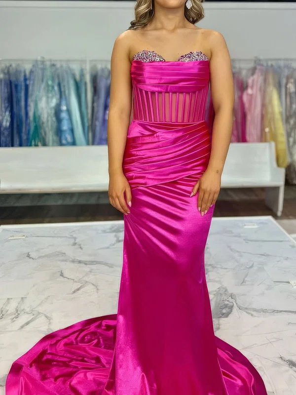 Sheath/Column Strapless Satin Corset Prom Dresses With Ruched #UKM020127254