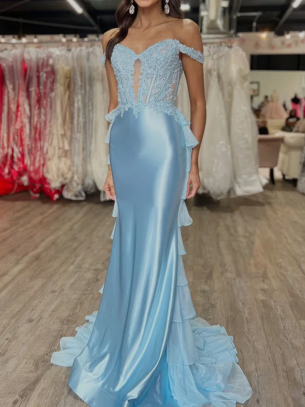 Mermaid Off-the-shoulder Chiffon Satin Ruffle Prom Dresses With Appliques #UKM020127259