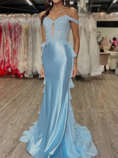 Mermaid Off-the-shoulder Chiffon Satin Ruffle Prom Dresses With Appliques #UKM020127259