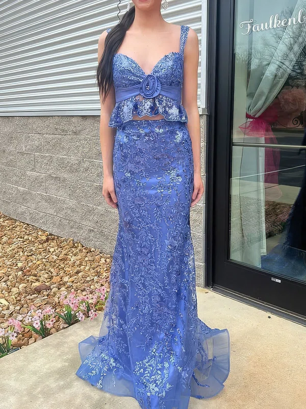 Sheath/Column V-neck Tulle Two Piece Prom Dresses With Appliques #UKM020127260