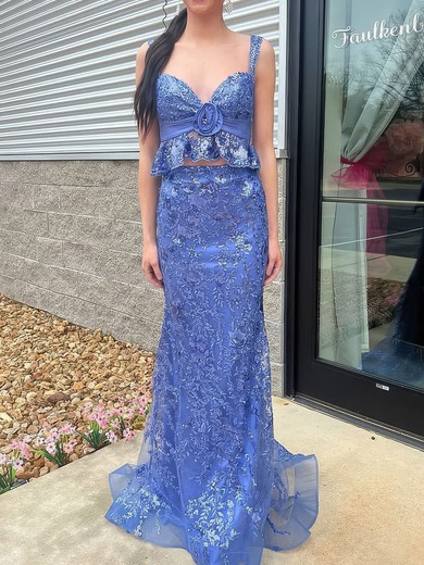 Sheath/Column V-neck Tulle Two Piece Prom Dresses With Appliques #UKM020127260