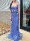 Sheath/Column V-neck Tulle Two Piece Prom Dresses With Appliques #UKM020127260