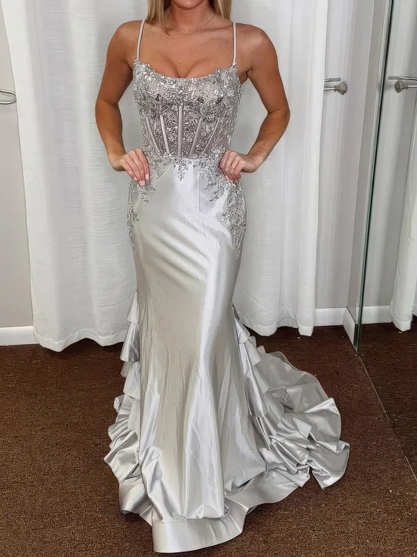 Mermaid Scoop Neck Satin Ruffle Prom Dresses With Appliques #UKM020127269