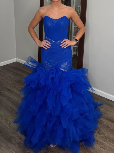 Mermaid Strapless Tulle Ruffle Tiered Prom Dresses #UKM020127273