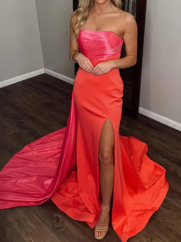 Sheath/Column Strapless Satin Prom Dresses With Ruched #UKM020127274
