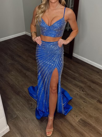 Sheath/Column V-neck Satin Two Piece Prom Dresses With Beading #UKM020127275