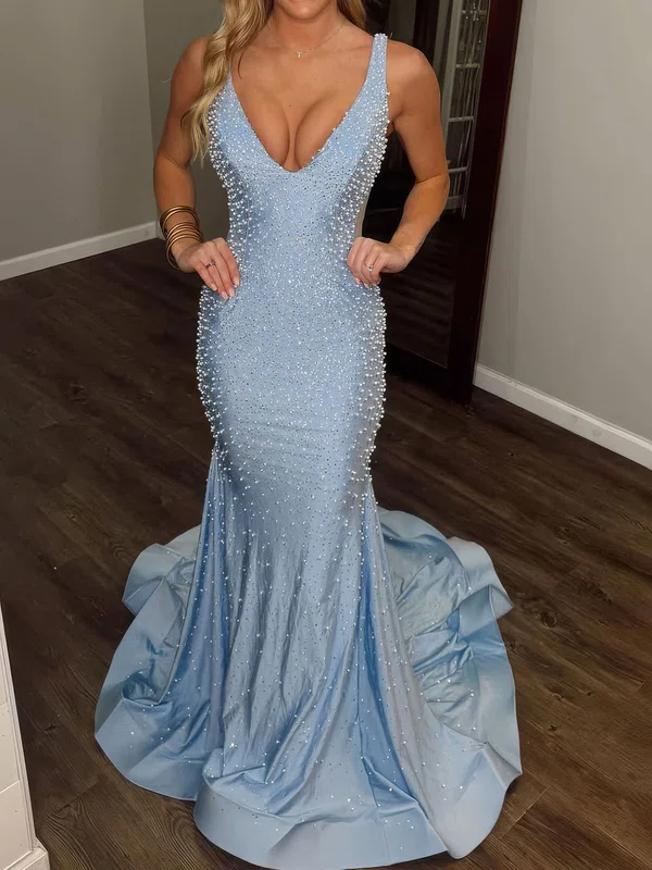 Mermaid V-neck Jersey Backless Beaded Prom Dresses #UKM020127277