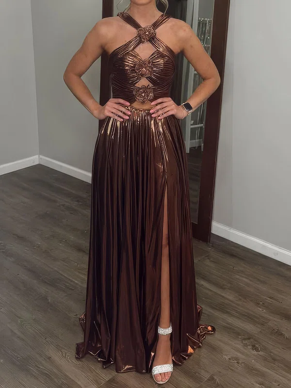 Sparkly A-line Halter Metallic Prom Dresses With Ruched #UKM020127279