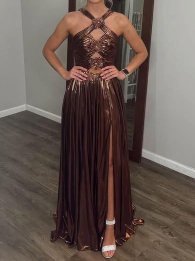 Sparkly A-line Halter Metallic Prom Dresses With Ruched #UKM020127279