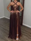 Sparkly A-line Halter Metallic Prom Dresses With Ruched #UKM020127279