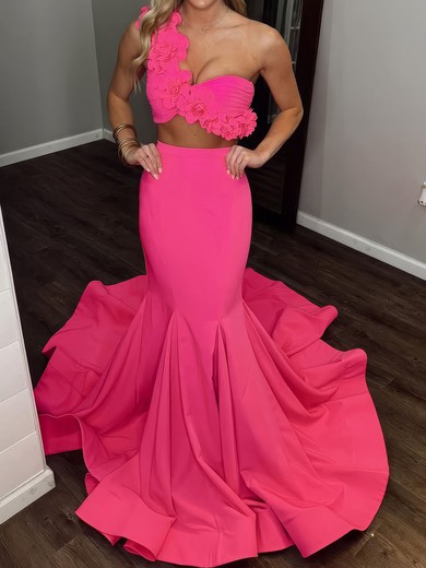 Mermaid One Shoulder Stretch Crepe Two Piece Prom Dresses With 3D Floral #UKM020127280